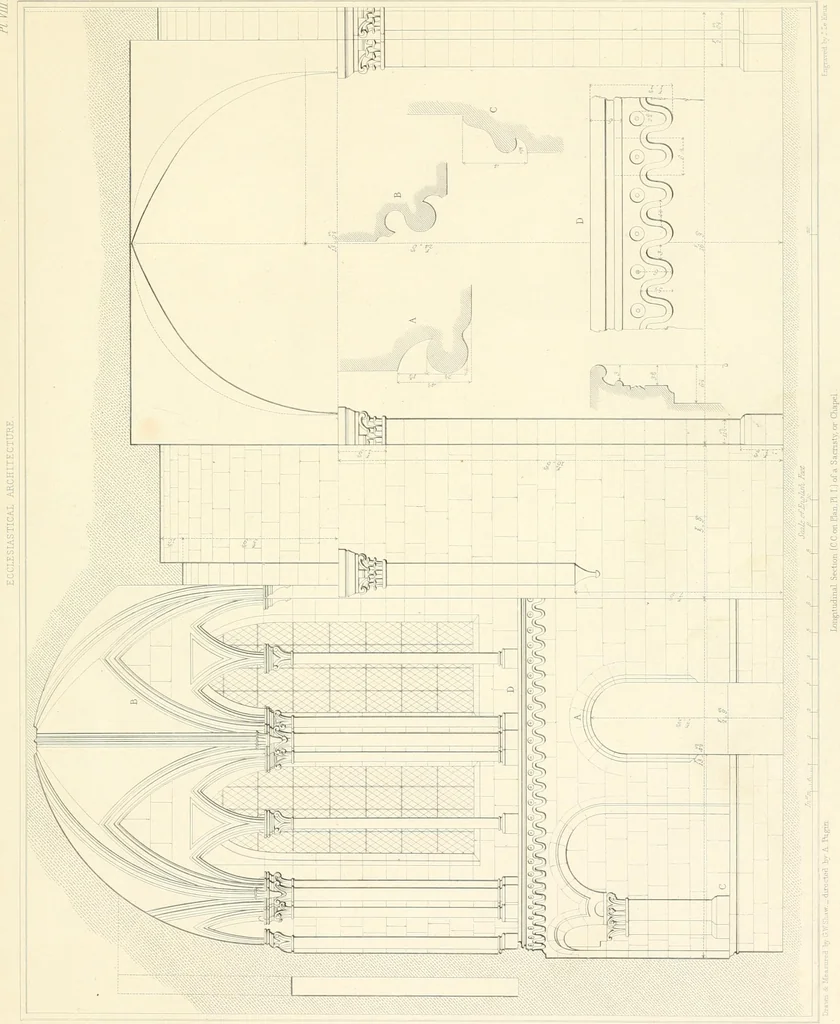 An illustration from Specimens of the architecture of Normandy, from the 16th to the 17th century. Engraved by John and Henry Le Keux, 1874, leaf 122