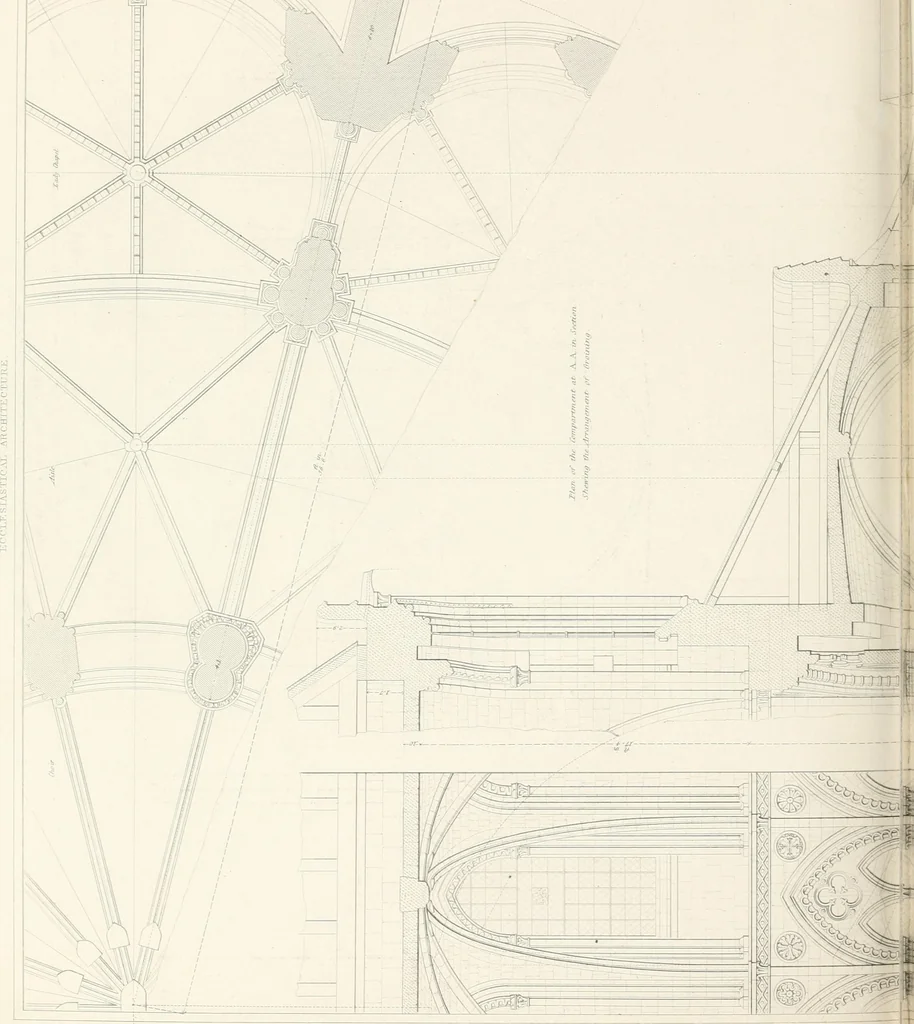 An illustration from Specimens of the architecture of Normandy, from the 16th to the 17th century. Engraved by John and Henry Le Keux, 1874, leaf 127