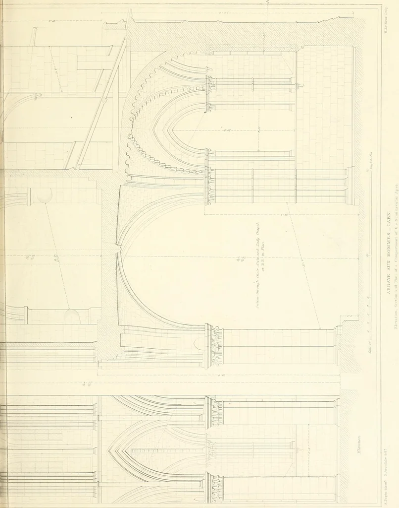 An illustration from Specimens of the architecture of Normandy, from the 16th to the 17th century. Engraved by John and Henry Le Keux, 1874, leaf 128