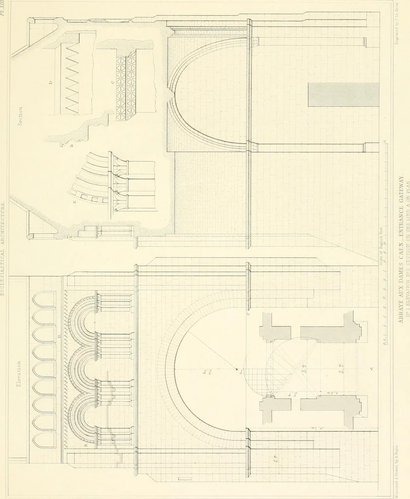 An illustration from Specimens of the architecture of Normandy, from the 16th to the 17th century. Engraved by John and Henry Le Keux, 1874, leaf 132