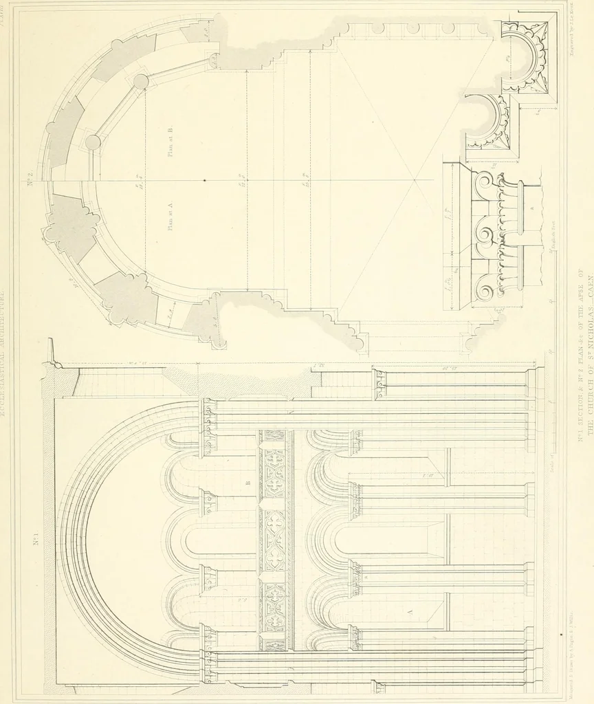 An illustration from Specimens of the architecture of Normandy, from the 16th to the 17th century. Engraved by John and Henry Le Keux, 1874, leaf 144
