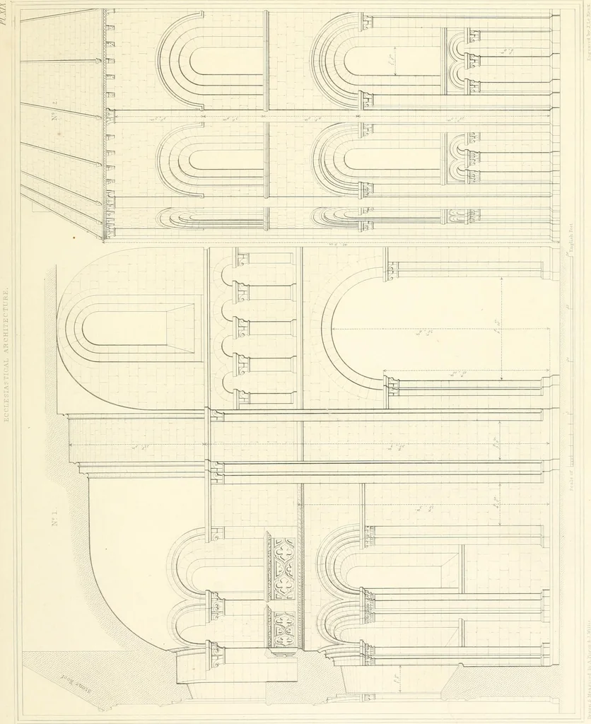 An illustration from Specimens of the architecture of Normandy, from the 16th to the 17th century. Engraved by John and Henry Le Keux, 1874, leaf 146