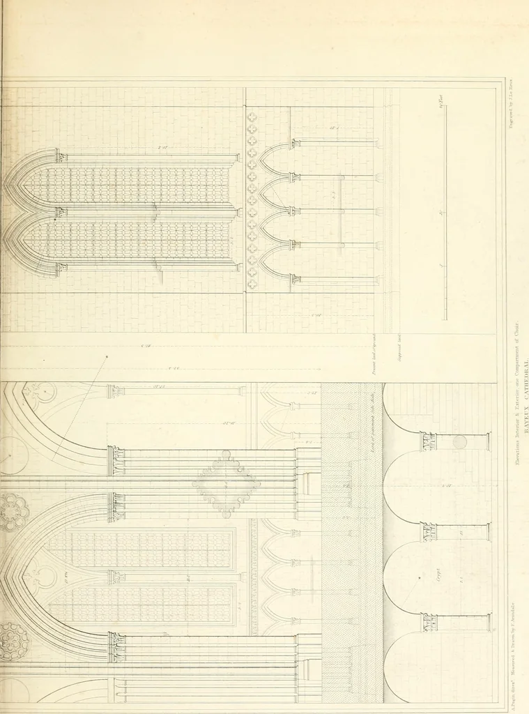 An illustration from Specimens of the architecture of Normandy, from the 16th to the 17th century. Engraved by John and Henry Le Keux, 1874, leaf 176