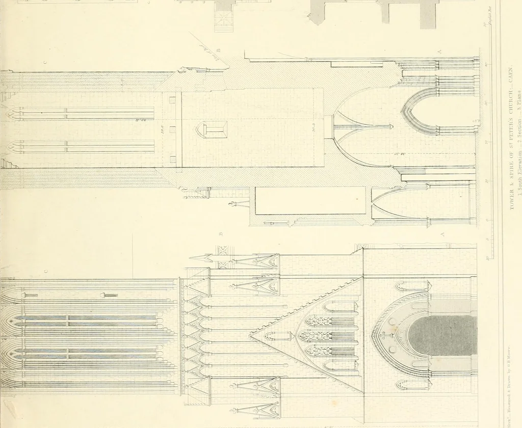 An illustration from Specimens of the architecture of Normandy, from the 16th to the 17th century. Engraved by John and Henry Le Keux, 1874, leaf 180