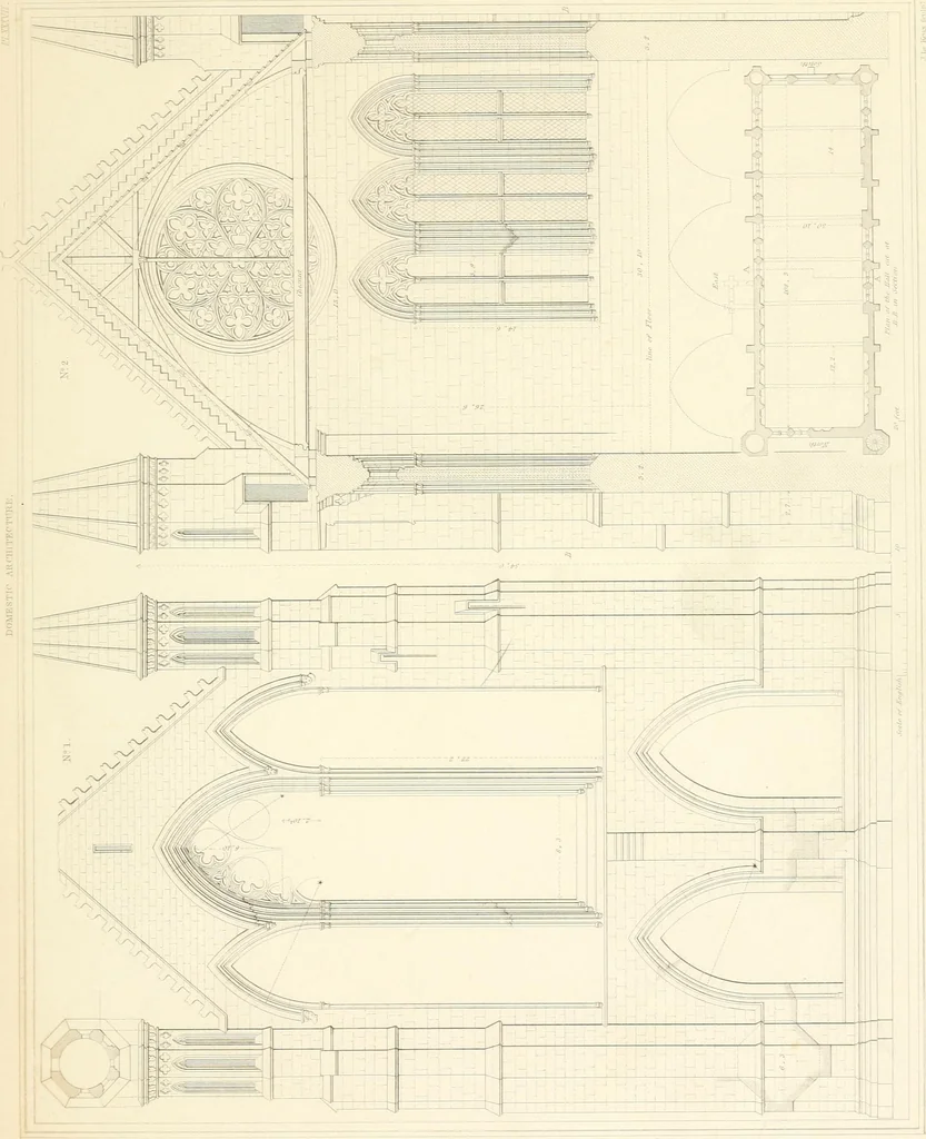 An illustration from Specimens of the architecture of Normandy, from the 16th to the 17th century. Engraved by John and Henry Le Keux, 1874, leaf 182