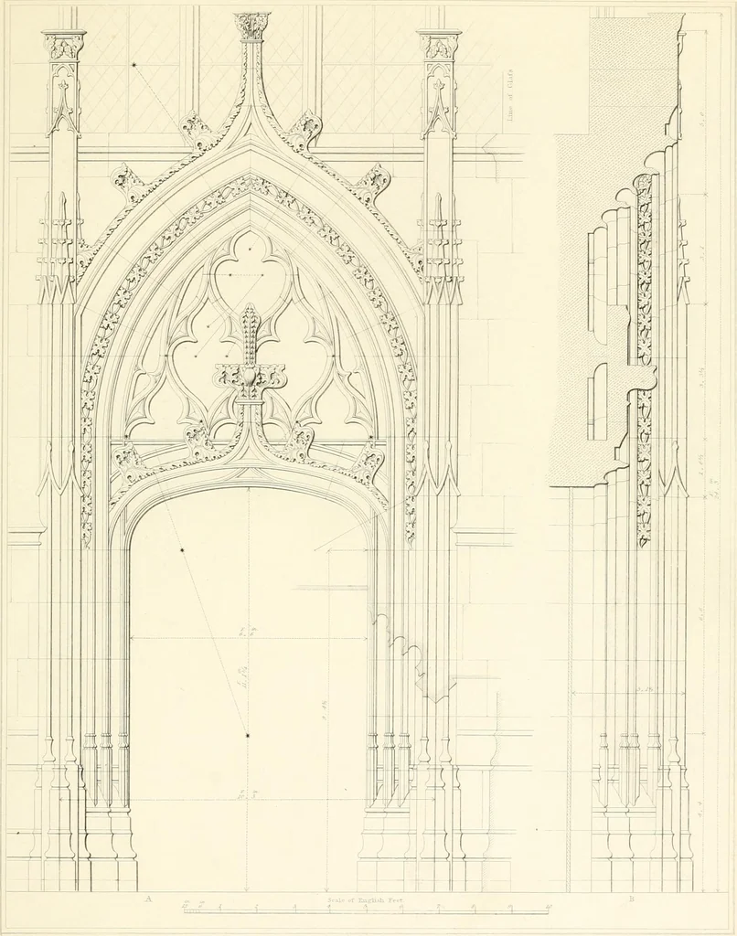An illustration from Specimens of the architecture of Normandy, from the 16th to the 17th century. Engraved by John and Henry Le Keux, 1874, leaf 190