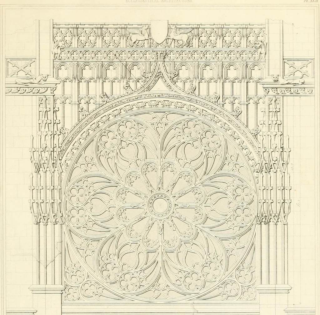 An illustration from Specimens of the architecture of Normandy, from the 16th to the 17th century. Engraved by John and Henry Le Keux, 1874, leaf 192