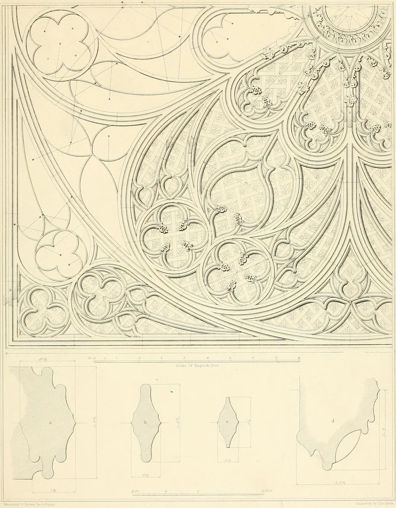An illustration from Specimens of the architecture of Normandy, from the 16th to the 17th century. Engraved by John and Henry Le Keux, 1874, leaf 194