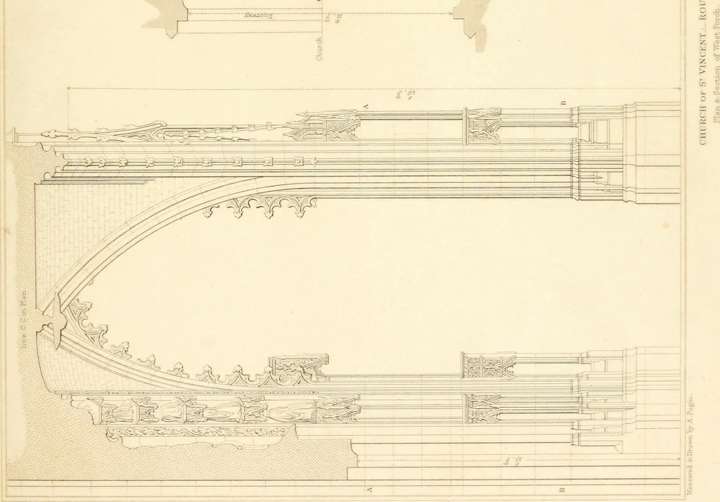 An illustration from Specimens of the architecture of Normandy, from the 16th to the 17th century. Engraved by John and Henry Le Keux, 1874, leaf 196