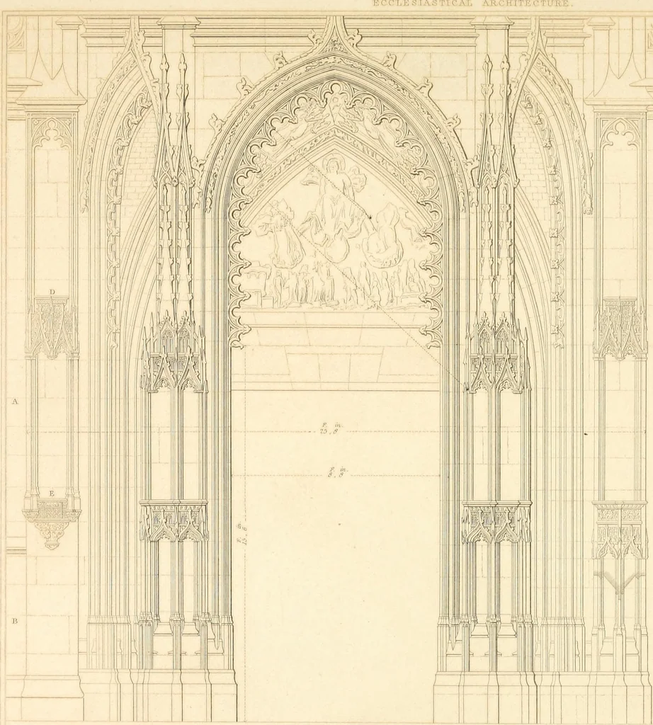 An illustration from Specimens of the architecture of Normandy, from the 16th to the 17th century. Engraved by John and Henry Le Keux, 1874, leaf 198