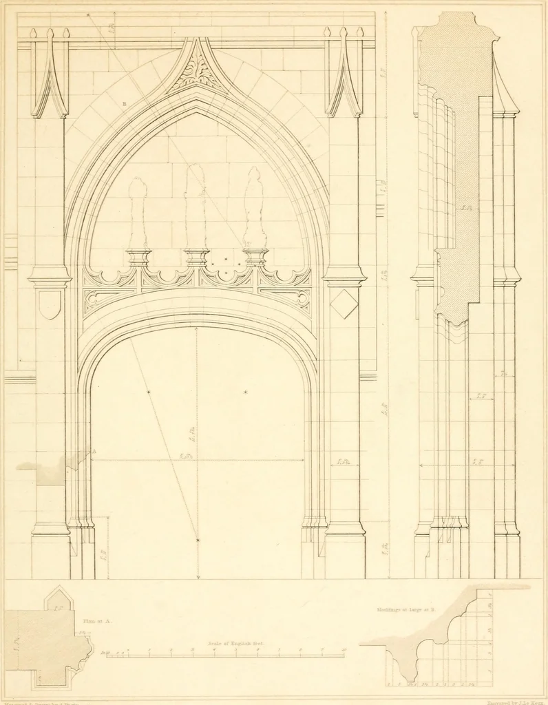 An illustration from Specimens of the architecture of Normandy, from the 16th to the 17th century. Engraved by John and Henry Le Keux, 1874, leaf 200