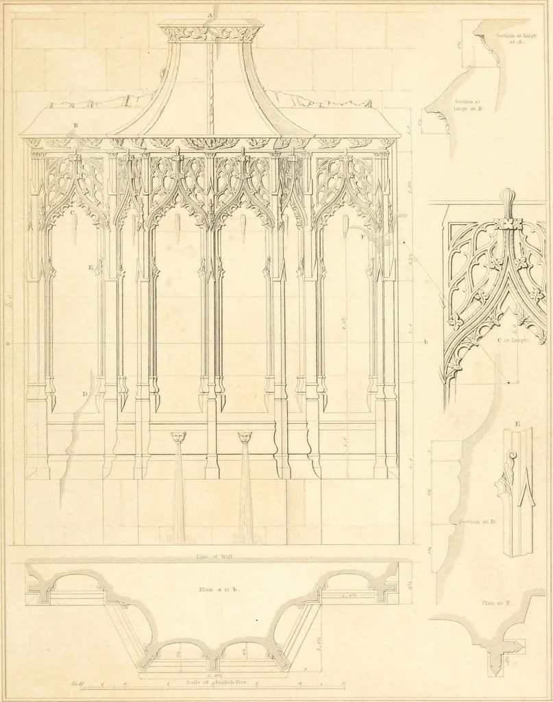 An illustration from Specimens of the architecture of Normandy, from the 16th to the 17th century. Engraved by John and Henry Le Keux, 1874, leaf 202