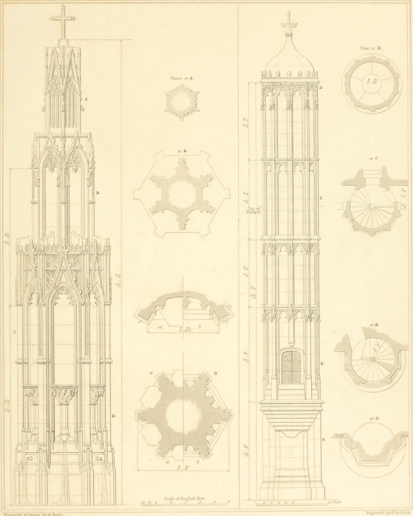 An illustration from Specimens of the architecture of Normandy, from the 16th to the 17th century. Engraved by John and Henry Le Keux, 1874, leaf 204