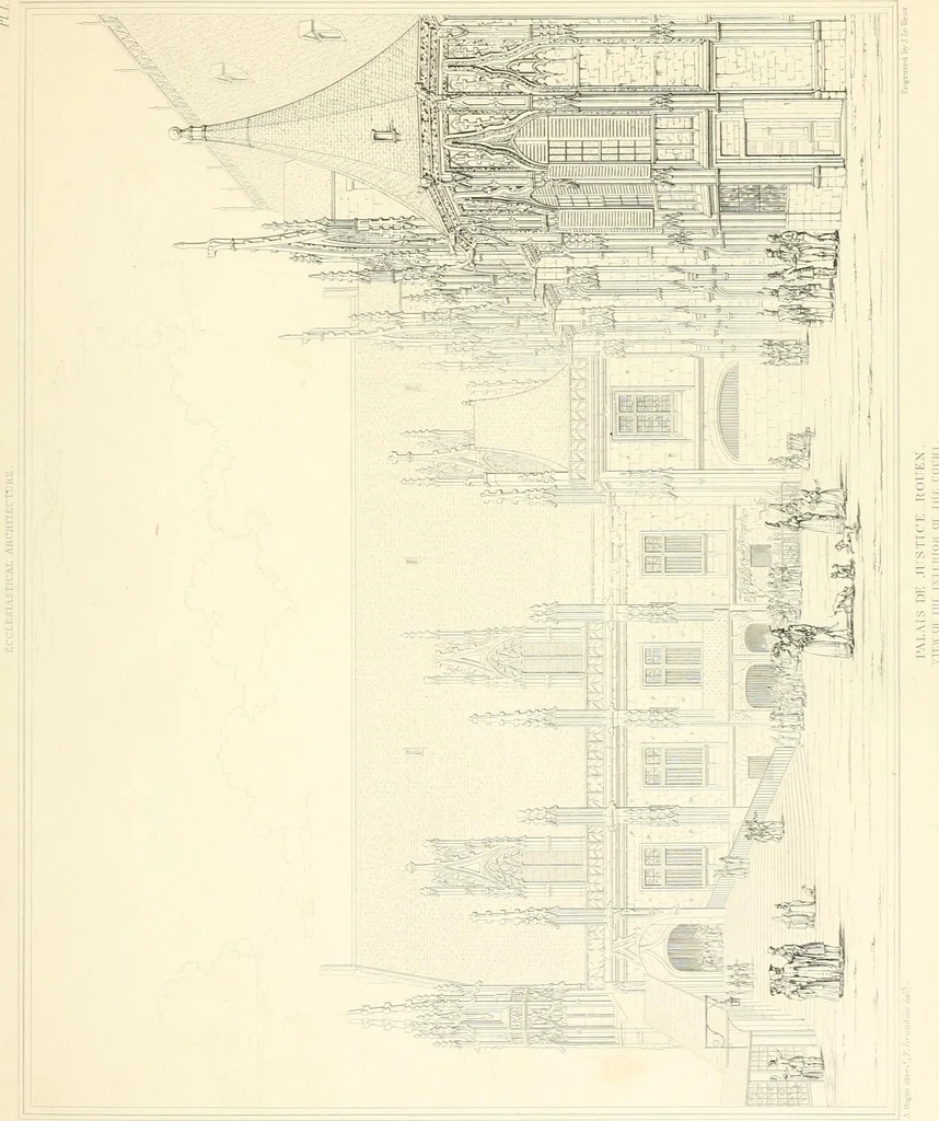 An illustration from Specimens of the architecture of Normandy, from the 16th to the 17th century. Engraved by John and Henry Le Keux, 1874, leaf 208