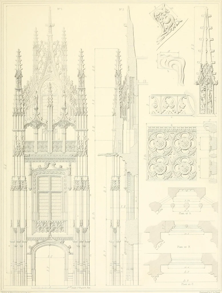 An illustration from Specimens of the architecture of Normandy, from the 16th to the 17th century. Engraved by John and Henry Le Keux, 1874, leaf 210