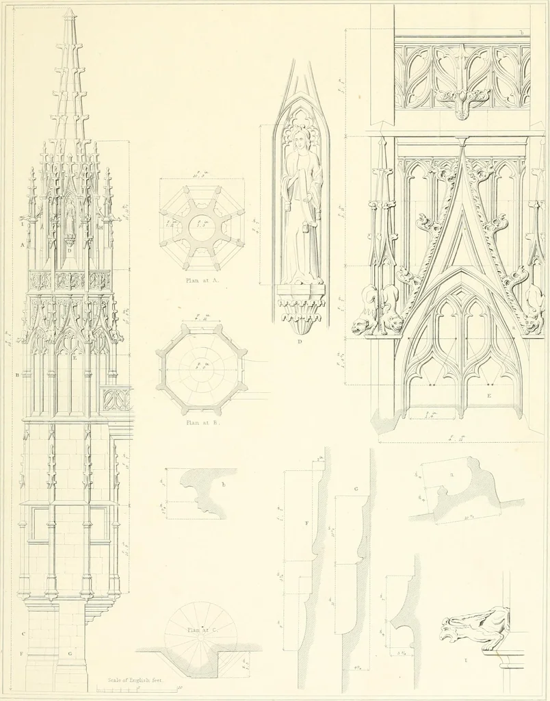 An illustration from Specimens of the architecture of Normandy, from the 16th to the 17th century. Engraved by John and Henry Le Keux, 1874, leaf 212