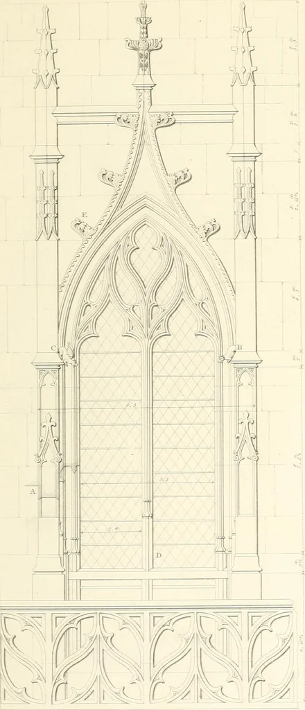 An illustration from Specimens of the architecture of Normandy, from the 16th to the 17th century. Engraved by John and Henry Le Keux, 1874, leaf 214