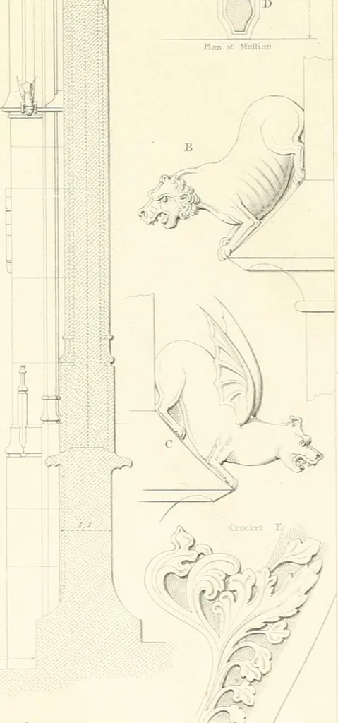 An illustration from Specimens of the architecture of Normandy, from the 16th to the 17th century. Engraved by John and Henry Le Keux, 1874, leaf 214