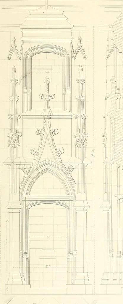 An illustration from Specimens of the architecture of Normandy, from the 16th to the 17th century. Engraved by John and Henry Le Keux, 1874, leaf 216