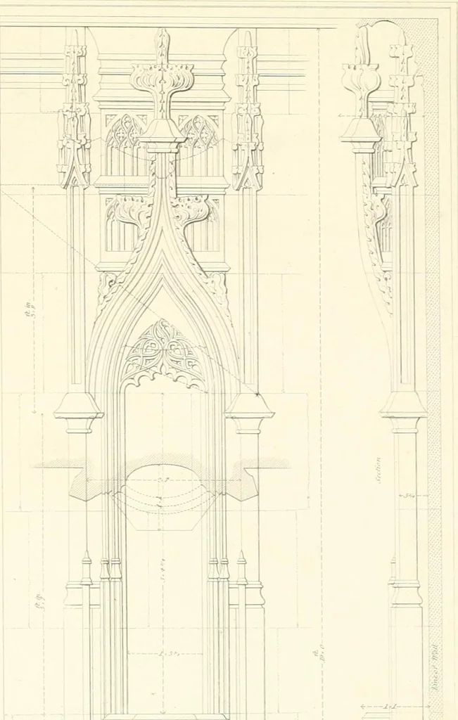 An illustration from Specimens of the architecture of Normandy, from the 16th to the 17th century. Engraved by John and Henry Le Keux, 1874, leaf 216