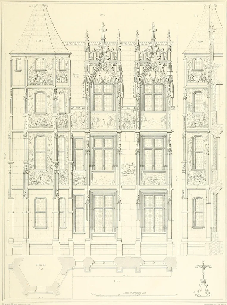 An illustration from Specimens of the architecture of Normandy, from the 16th to the 17th century. Engraved by John and Henry Le Keux, 1874, leaf 218