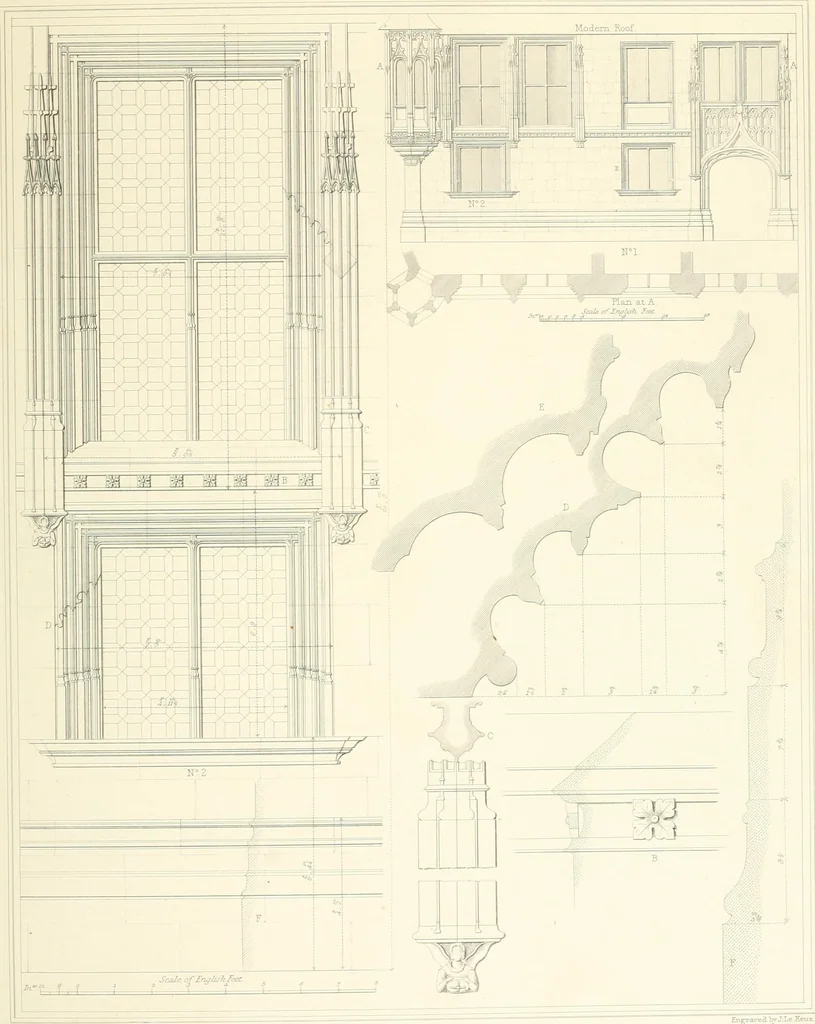 An illustration from Specimens of the architecture of Normandy, from the 16th to the 17th century. Engraved by John and Henry Le Keux, 1874, leaf 220