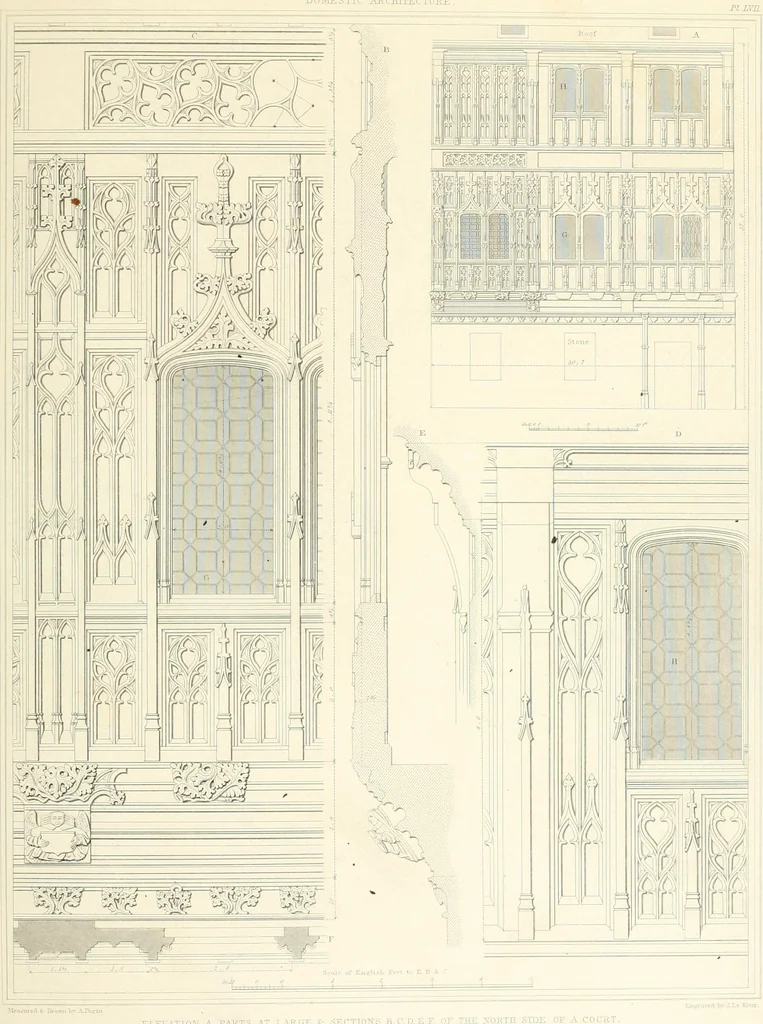 An illustration from Specimens of the architecture of Normandy, from the 16th to the 17th century. Engraved by John and Henry Le Keux, 1874, leaf 222