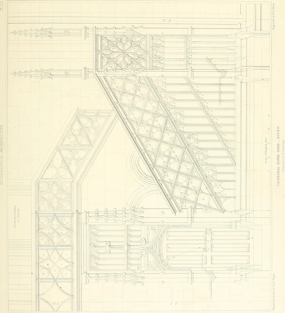An illustration from Specimens of the architecture of Normandy, from the 16th to the 17th century. Engraved by John and Henry Le Keux, 1874, leaf 228