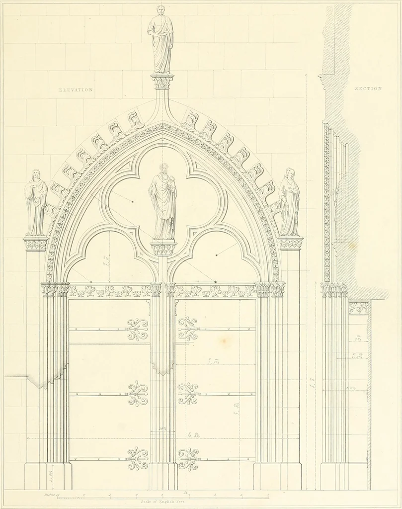 An illustration from Specimens of the architecture of Normandy, from the 16th to the 17th century. Engraved by John and Henry Le Keux, 1874, leaf 230