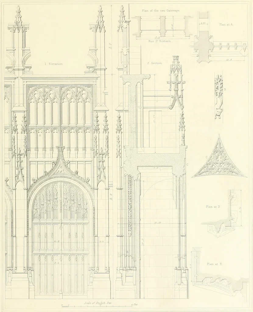An illustration from Specimens of the architecture of Normandy, from the 16th to the 17th century. Engraved by John and Henry Le Keux, 1874, leaf 232