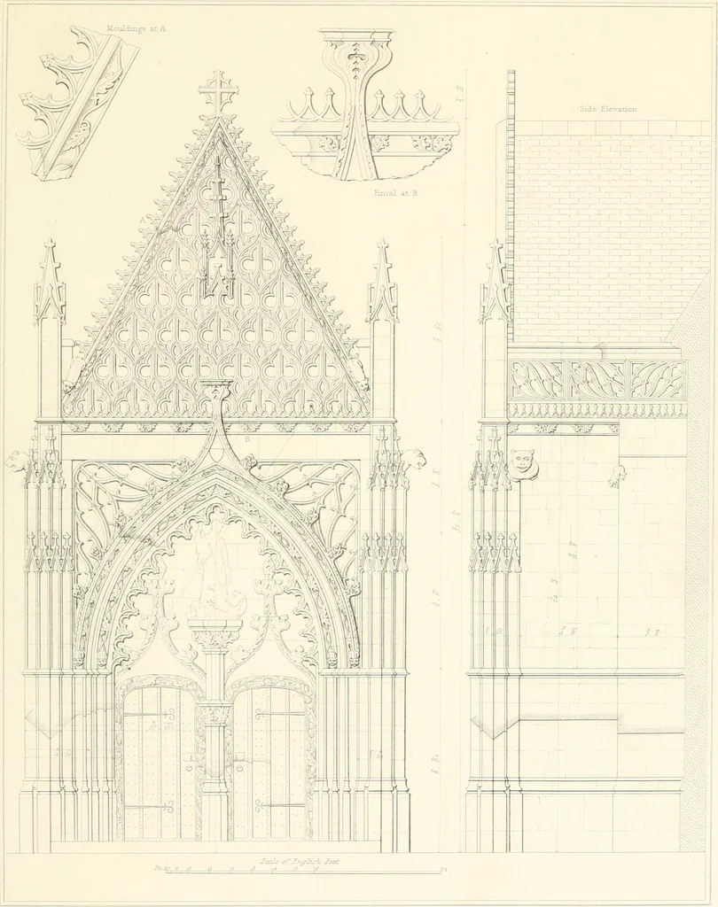 An illustration from Specimens of the architecture of Normandy, from the 16th to the 17th century. Engraved by John and Henry Le Keux, 1874, leaf 234