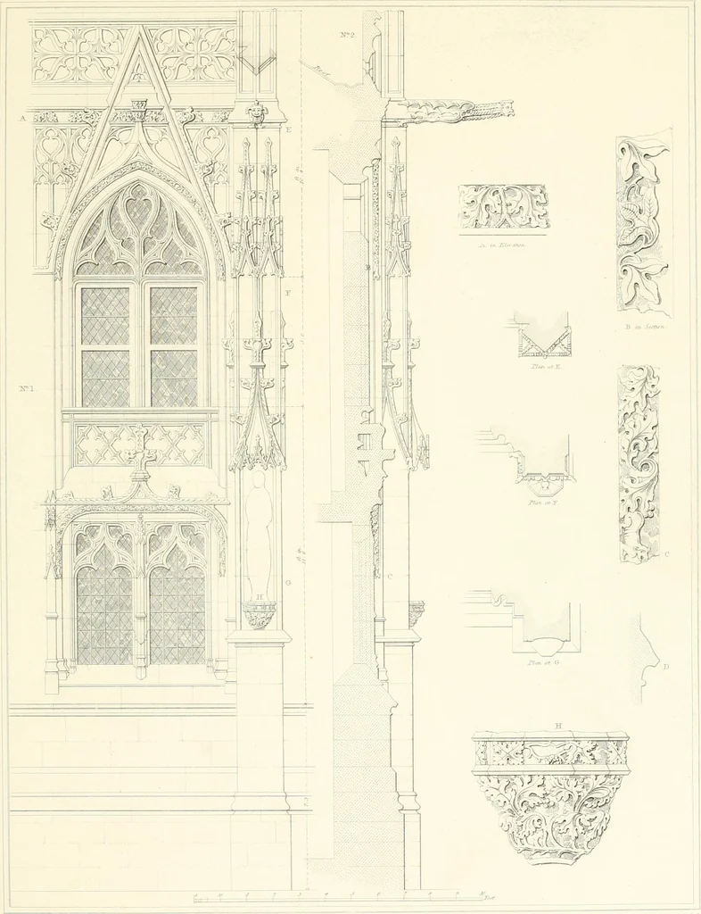 An illustration from Specimens of the architecture of Normandy, from the 16th to the 17th century. Engraved by John and Henry Le Keux, 1874, leaf 236