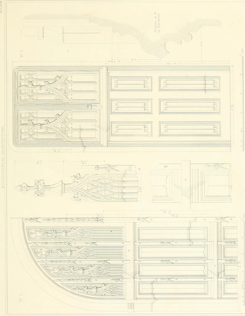 An illustration from Specimens of the architecture of Normandy, from the 16th to the 17th century. Engraved by John and Henry Le Keux, 1874, leaf 244
