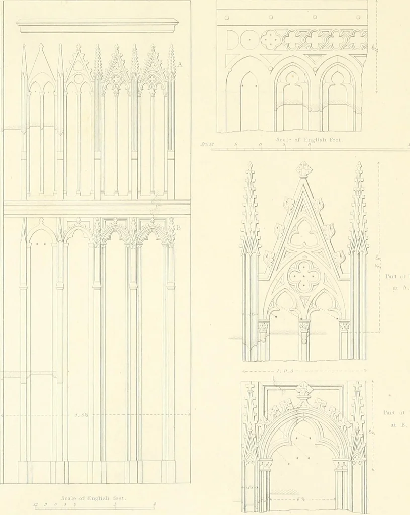 An illustration from Specimens of the architecture of Normandy, from the 16th to the 17th century. Engraved by John and Henry Le Keux, 1874, leaf 246