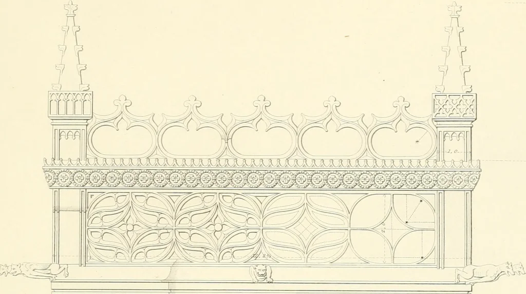 An illustration from Specimens of the architecture of Normandy, from the 16th to the 17th century. Engraved by John and Henry Le Keux, 1874, leaf 254