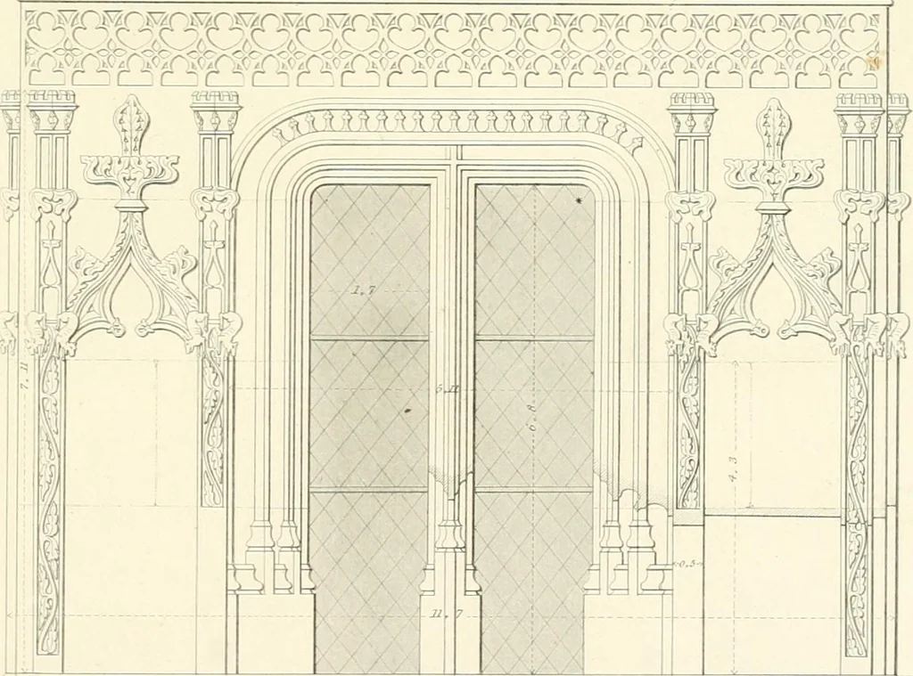 An illustration from Specimens of the architecture of Normandy, from the 16th to the 17th century. Engraved by John and Henry Le Keux, 1874, leaf 254