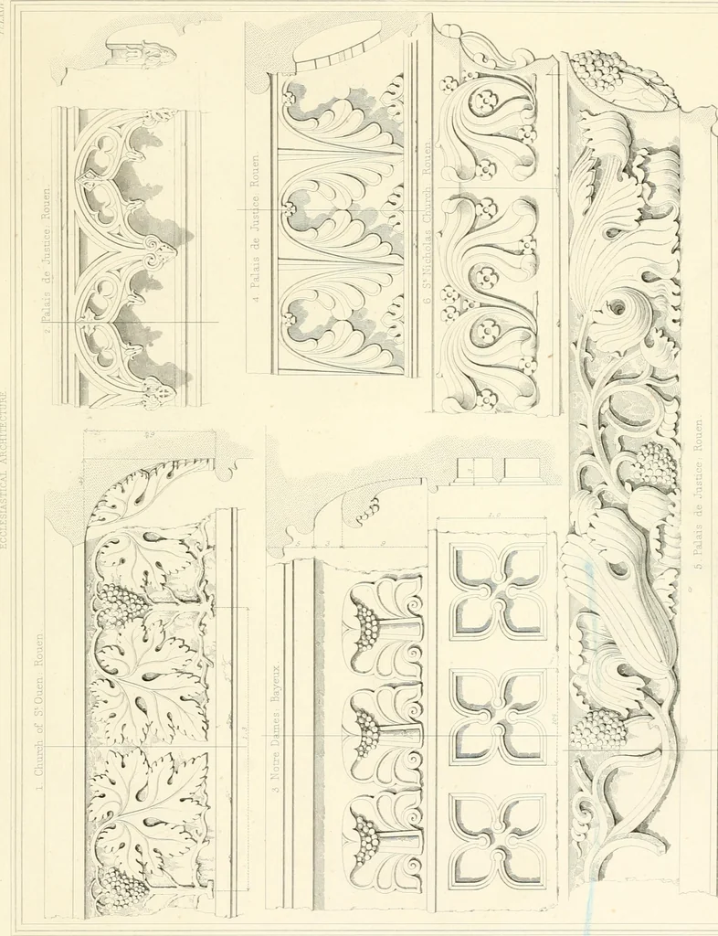 An illustration from Specimens of the architecture of Normandy, from the 16th to the 17th century. Engraved by John and Henry Le Keux, 1874, leaf 256