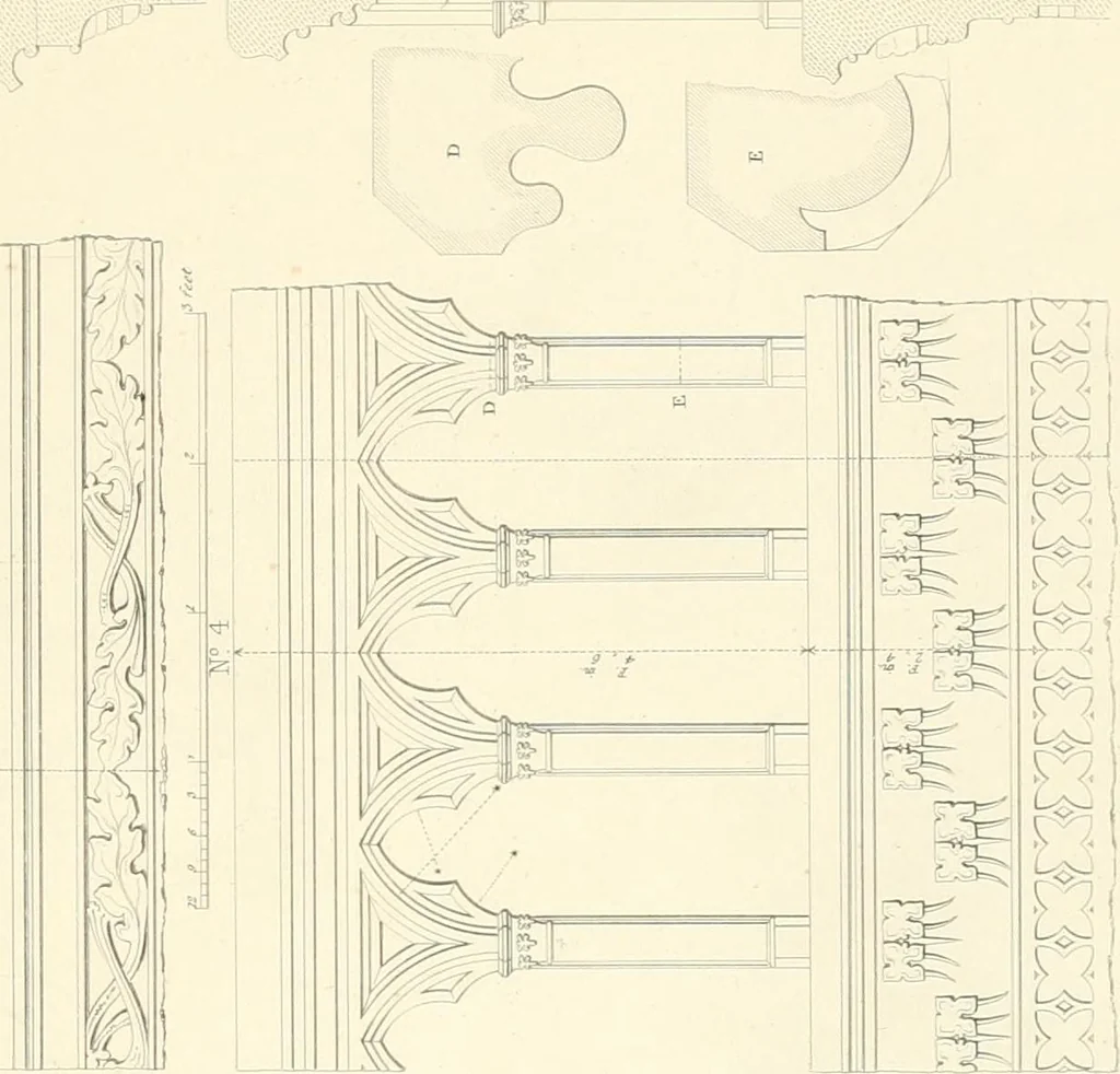 An illustration from Specimens of the architecture of Normandy, from the 16th to the 17th century. Engraved by John and Henry Le Keux, 1874, leaf 258
