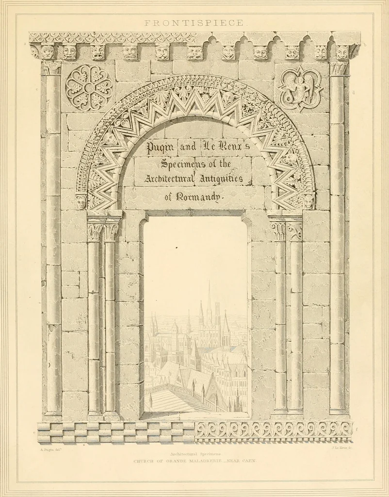 An illustration from Specimens of the architecture of Normandy, from the 16th to the 17th century. Engraved by John and Henry Le Keux, 1874, leaf 6