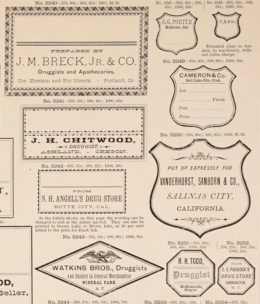 An illustration from Specimens of druggists' labels...letter-press printing, etc, 1885, leaf 22