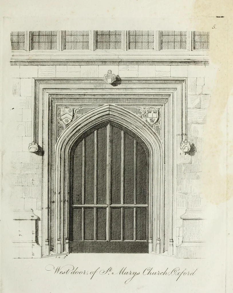 An illustration from Specimens of Gothic architecture, consisting of doors, windows, buttresses, pinnacles, &c.; with the measurements, selected from ancient buildings at Oxford &c, 1825, leaf 12
