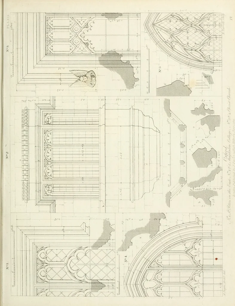 An illustration from Specimens of Gothic architecture; selected from various antient[!] edifices in England: consisting of plans, elevations, sections, and parts at large ... accompanied by historical and descriptive accounts, 1823, leaf 104