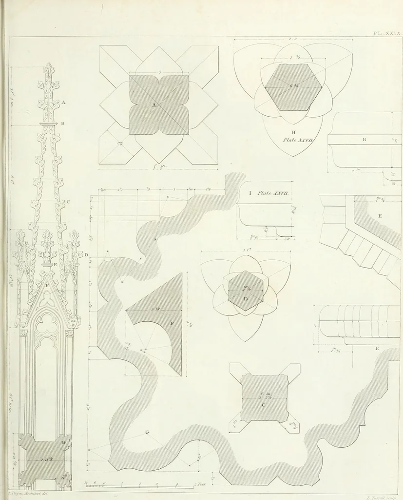 An illustration from Specimens of Gothic architecture; selected from various antient[!] edifices in England: consisting of plans, elevations, sections, and parts at large ... accompanied by historical and descriptive accounts, 1823, leaf 112