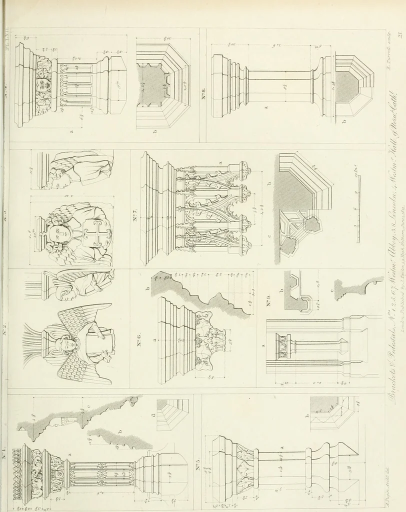 An illustration from Specimens of Gothic architecture; selected from various antient[!] edifices in England: consisting of plans, elevations, sections, and parts at large ... accompanied by historical and descriptive accounts, 1823, leaf 116