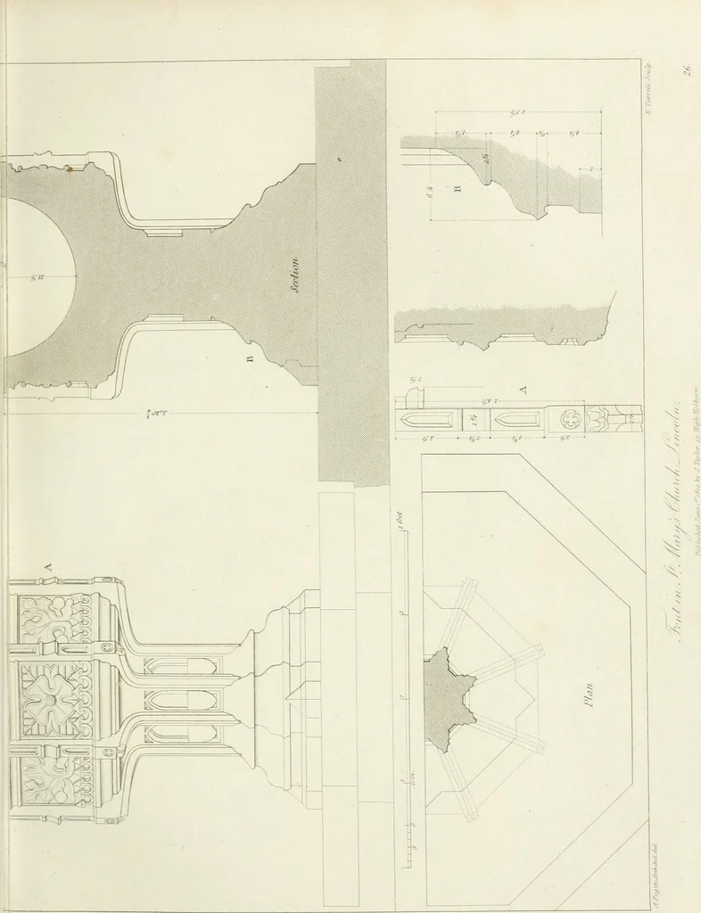 An illustration from Specimens of Gothic architecture; selected from various antient[!] edifices in England: consisting of plans, elevations, sections, and parts at large ... accompanied by historical and descriptive accounts, 1823, leaf 122