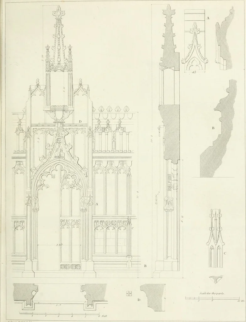 An illustration from Specimens of Gothic architecture; selected from various antient[!] edifices in England: consisting of plans, elevations, sections, and parts at large ... accompanied by historical and descriptive accounts, 1823, leaf 124