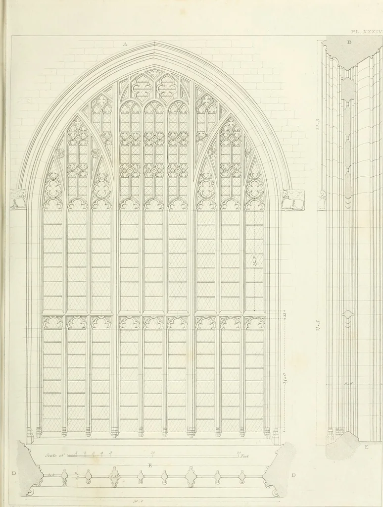 An illustration from Specimens of Gothic architecture; selected from various antient[!] edifices in England: consisting of plans, elevations, sections, and parts at large ... accompanied by historical and descriptive accounts, 1823, leaf 138