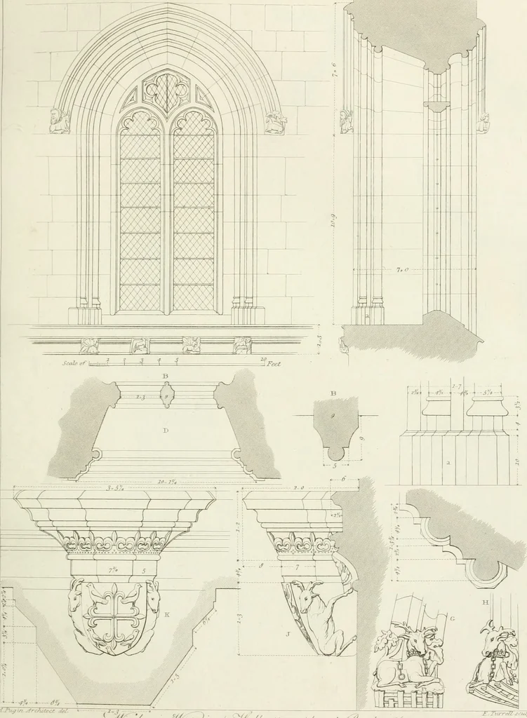 An illustration from Specimens of Gothic architecture; selected from various antient[!] edifices in England: consisting of plans, elevations, sections, and parts at large ... accompanied by historical and descriptive accounts, 1823, leaf 140