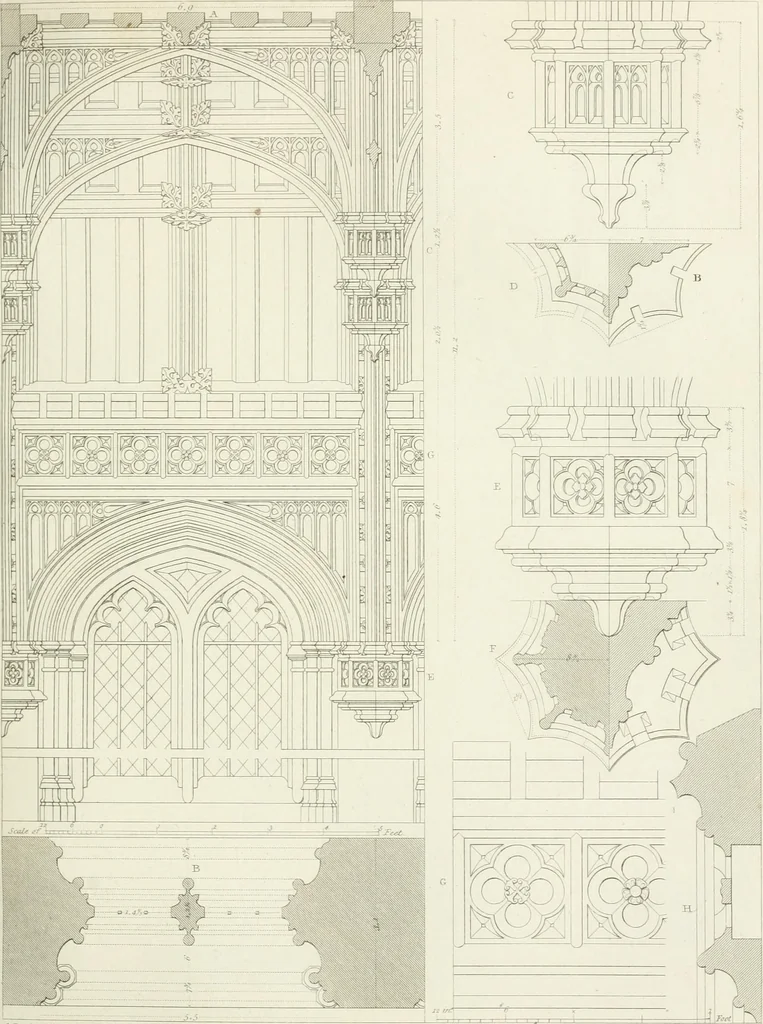 An illustration from Specimens of Gothic architecture; selected from various antient[!] edifices in England: consisting of plans, elevations, sections, and parts at large ... accompanied by historical and descriptive accounts, 1823, leaf 156