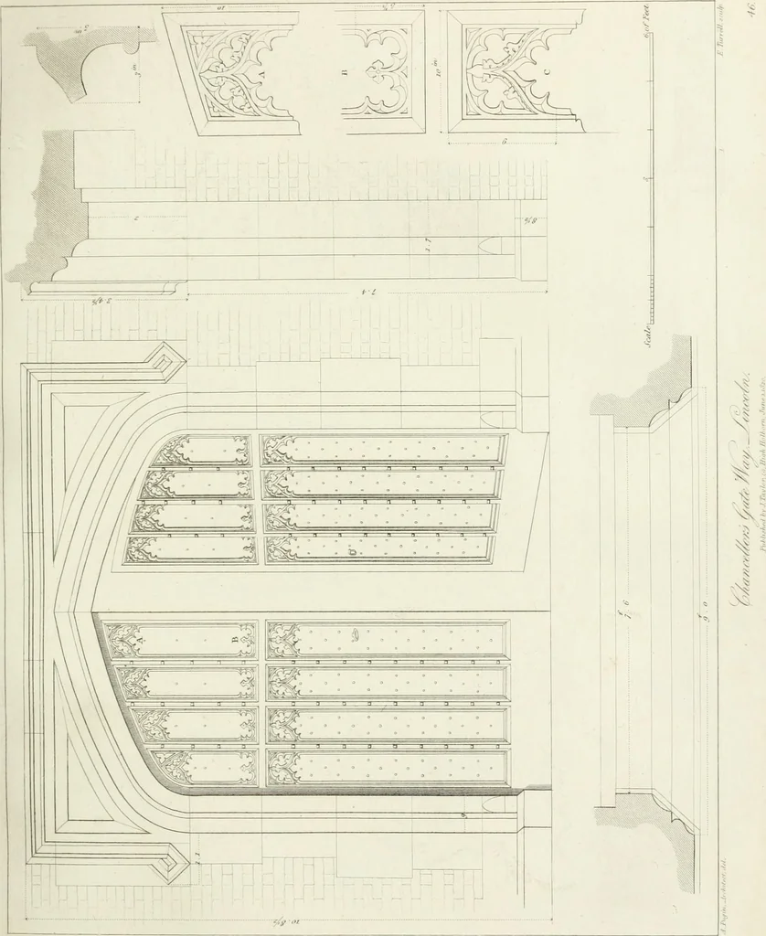 An illustration from Specimens of Gothic architecture; selected from various antient[!] edifices in England: consisting of plans, elevations, sections, and parts at large ... accompanied by historical and descriptive accounts, 1823, leaf 162
